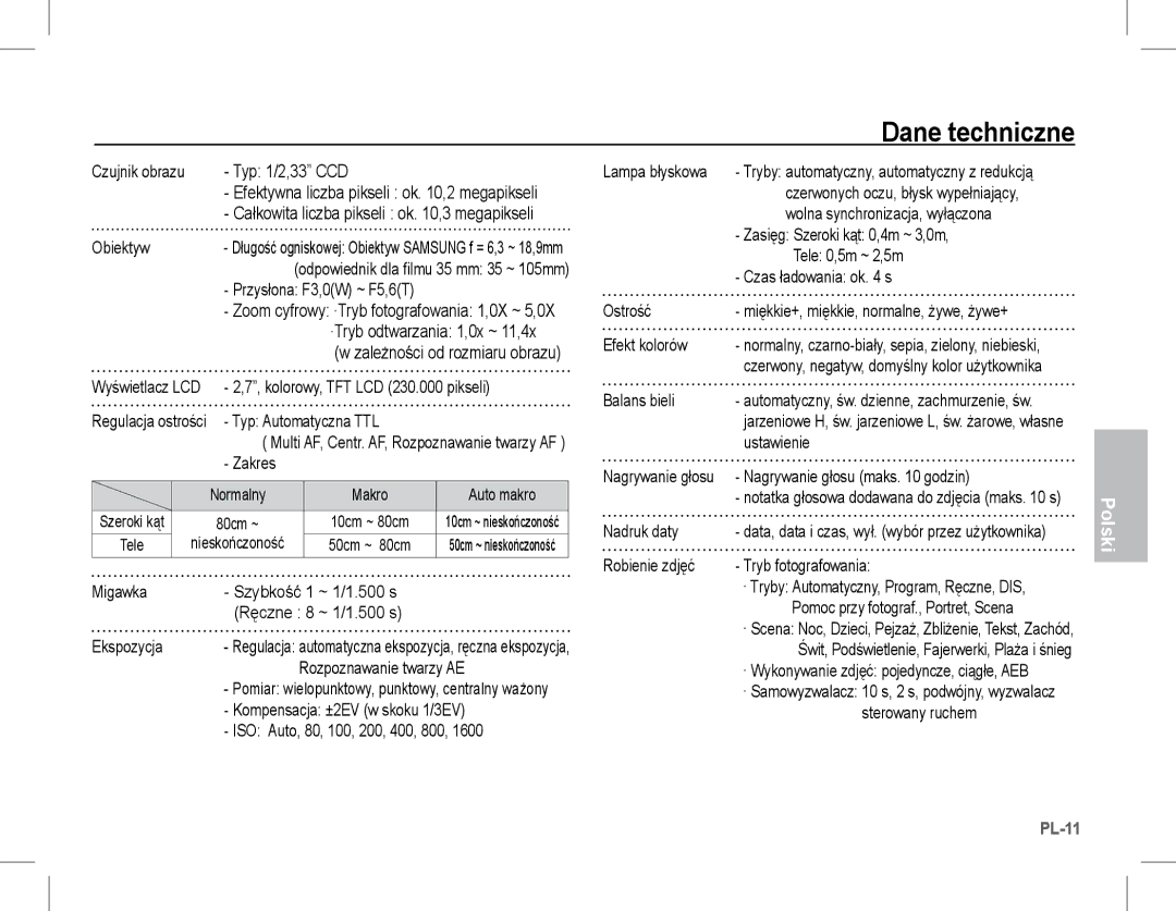 Samsung EC-S1070PBA/IT, EC-S1070BBA/FR, EC-S1070SBA/FR, EC-S1070WBA/FR, EC-S1070PBA/FR, EC-S1070BBA/IT manual Dane techniczne 