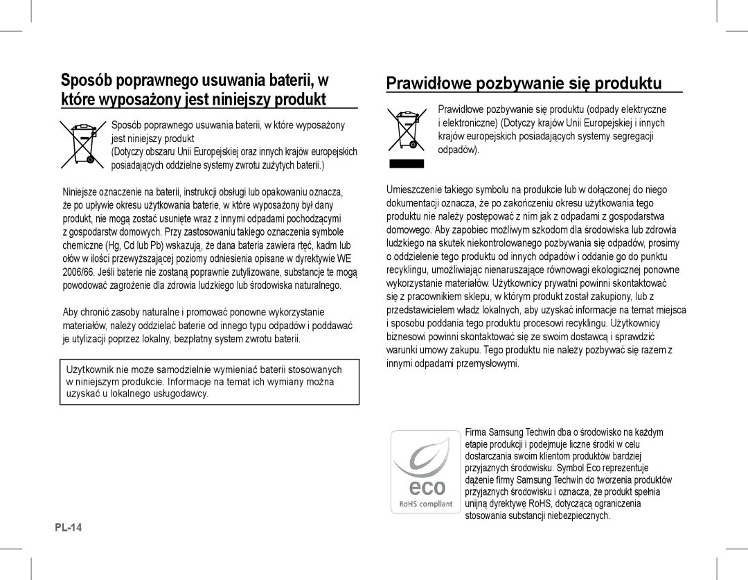 Samsung EC-S1070PBE/ZA, EC-S1070BBA/FR, EC-S1070SBA/FR, EC-S1070WBA/FR, EC-S1070PBA/FR Prawidłowe pozbywanie się produktu 