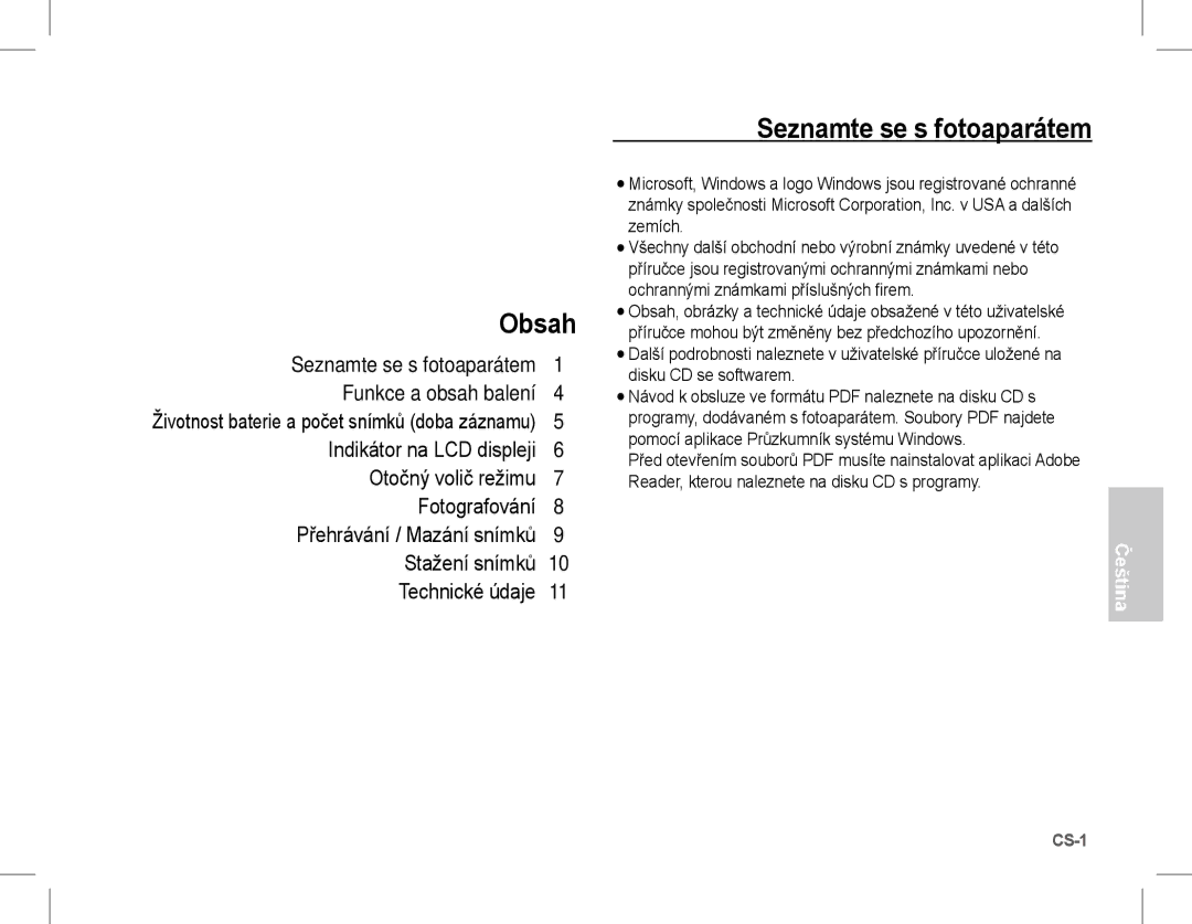 Samsung EC-S1070SBE/ZA, EC-S1070BBA/FR Obsah, Seznamte se s fotoaparátem, Životnost baterie a počet snímků doba záznamu 