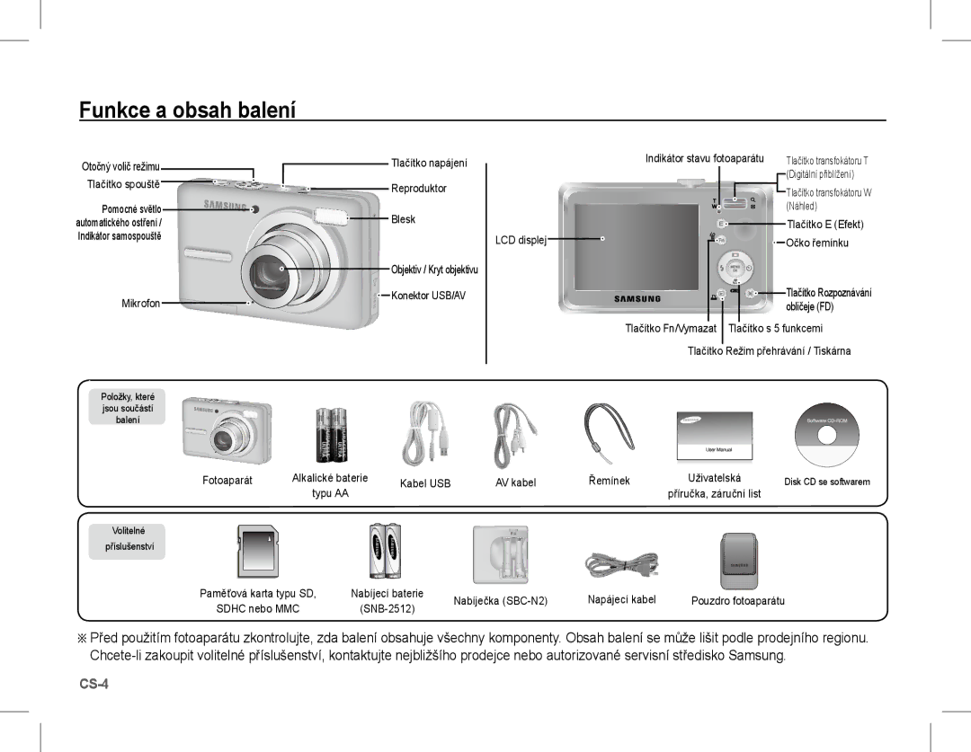 Samsung EC-S1070SBB/AS, EC-S1070BBA/FR, EC-S1070SBA/FR, EC-S1070WBA/FR, EC-S1070PBA/FR, EC-S1070BBA/IT Funkce a obsah balení 