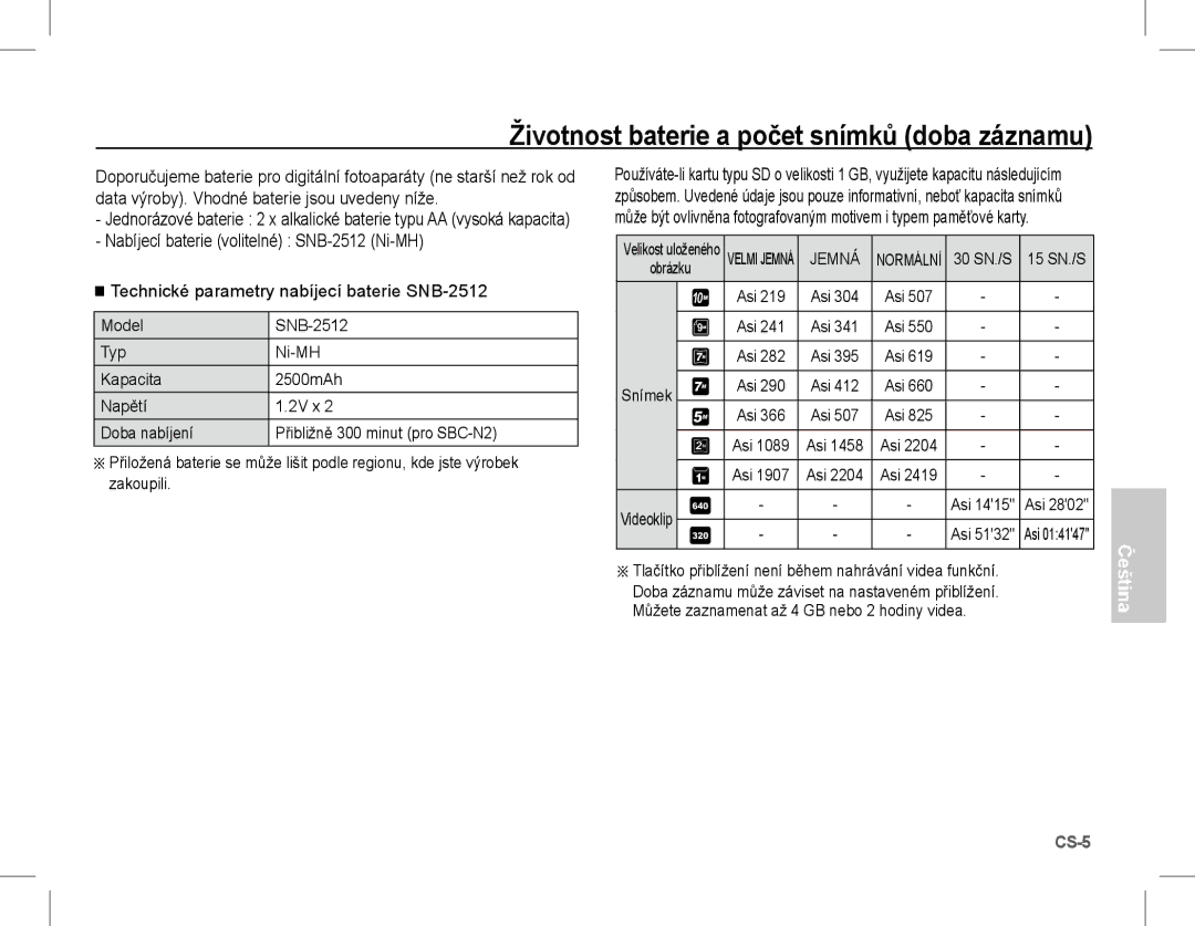 Samsung EC-S1070BDA/AS, EC-S1070BBA/FR manual Životnost baterie a počet snímků doba záznamu, Jemná Normální 30 SN./S 