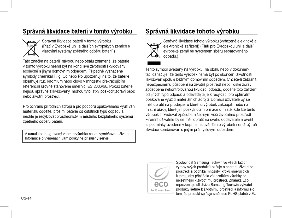 Samsung EC-S1070BDA/E3, EC-S1070BBA/FR manual Správná likvidace tohoto výrobku, Správná likvidace baterií v tomto výrobku 