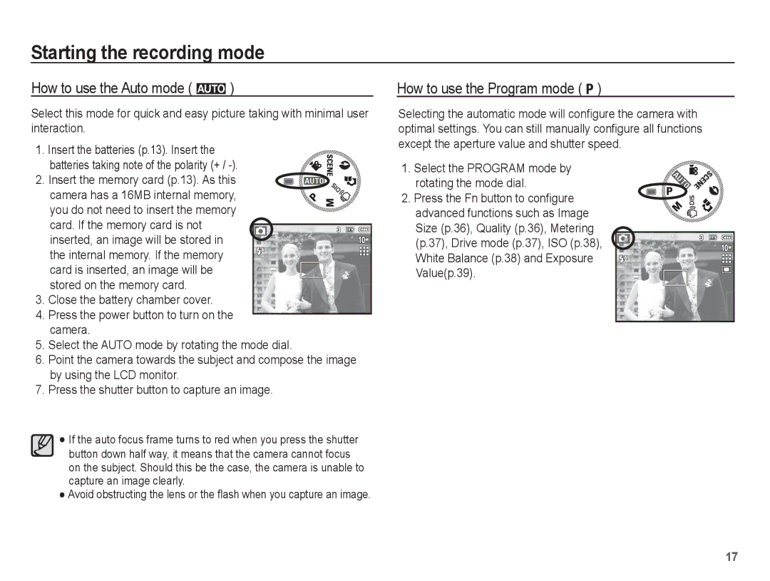 Samsung EC-S1070WDA/AS manual Starting the recording mode, How to use the Auto mode μ, How to use the Program mode 