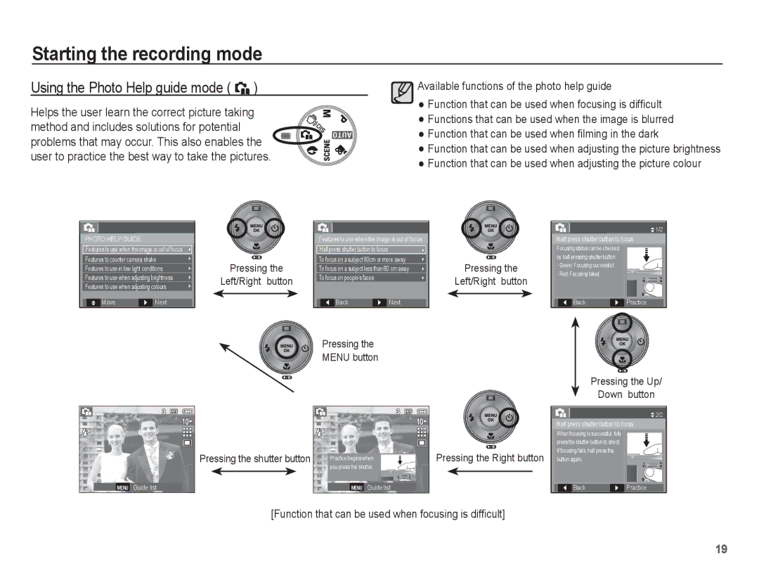 Samsung EC-S1070SBA/VN, EC-S1070BBA/FR, EC-S1070SBA/FR, EC-S1070WBA/FR, EC-S1070PBA/FR manual Using the Photo Help guide mode ` 