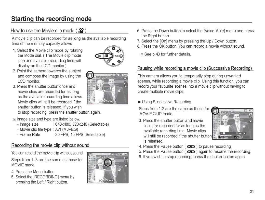 Samsung EC-S1070PBA/VN manual How to use the Movie clip mode ´, Recording the movie clip without sound, Frame Rate 