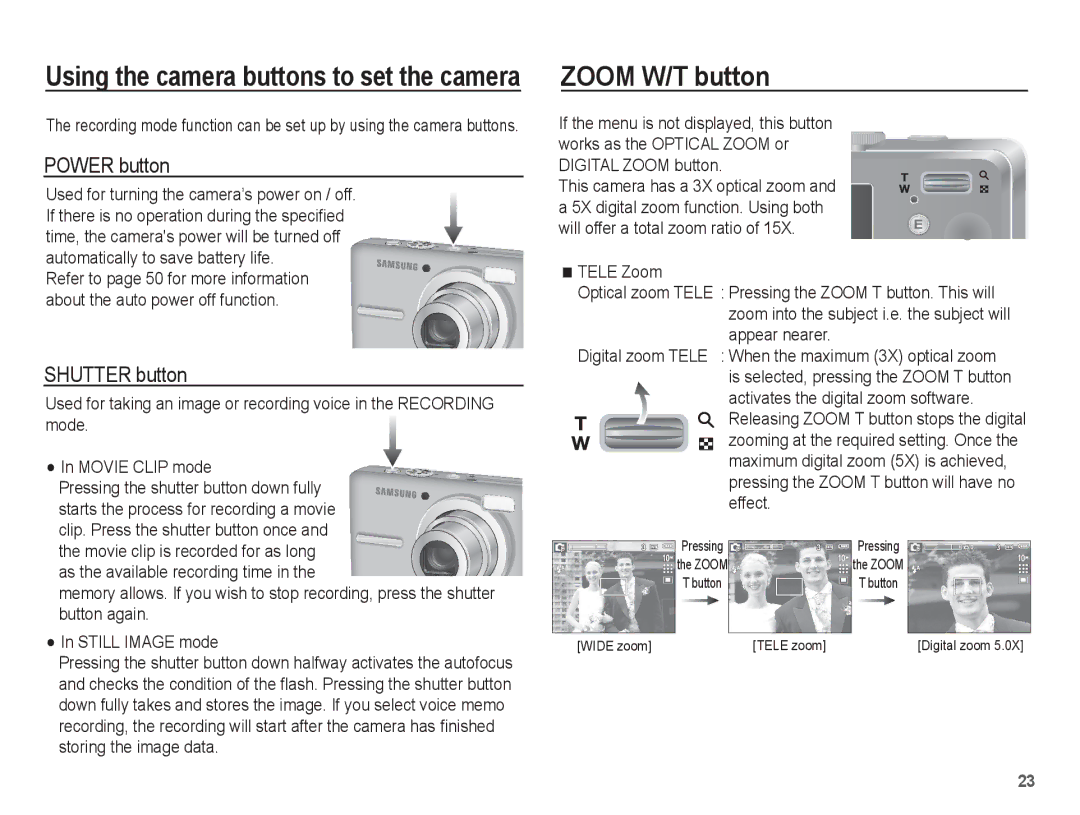 Samsung EC-S1070WDA/E3, EC-S1070BBA/FR, EC-S1070SBA/FR, EC-S1070WBA/FR manual Zoom W/T button, Power button, Shutter button 