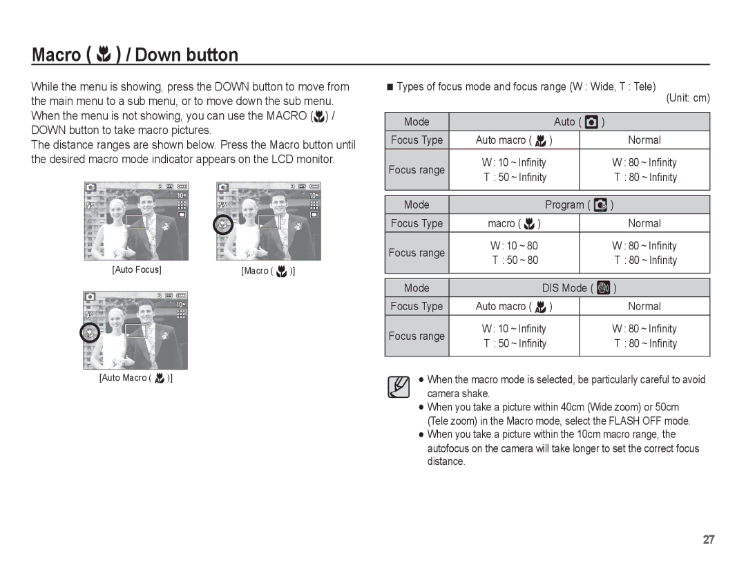 Samsung EC-S1070PBA/E2, EC-S1070BBA/FR, EC-S1070SBA/FR, EC-S1070WBA/FR manual Macro e / Down button, Program ‰, DIS Mode ÿ 