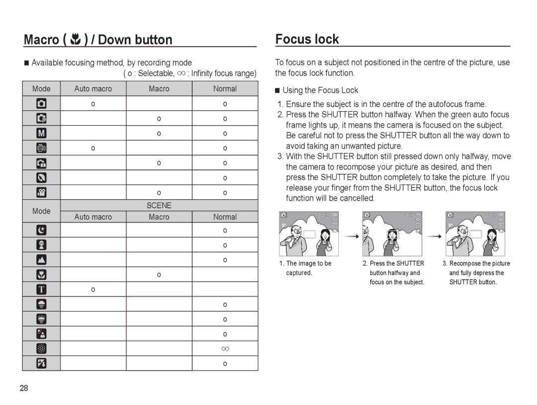 Samsung EC-S1070PBA/RU, EC-S1070BBA/FR, EC-S1070SBA/FR Focus lock, Available focusing method, by recording mode, Selectable 