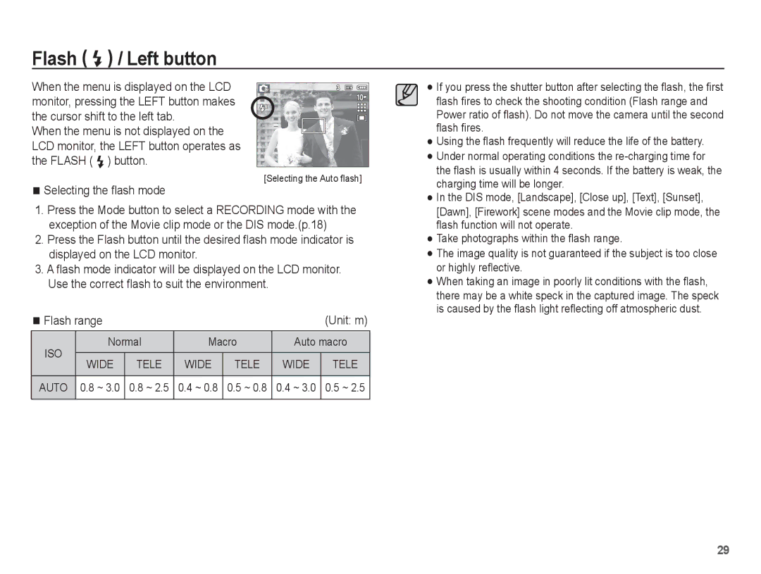 Samsung EC-S1070WBA/RU, EC-S1070BBA/FR Flash / Left button, Selecting the ﬂash mode, Flash range, Normal Macro Auto macro 