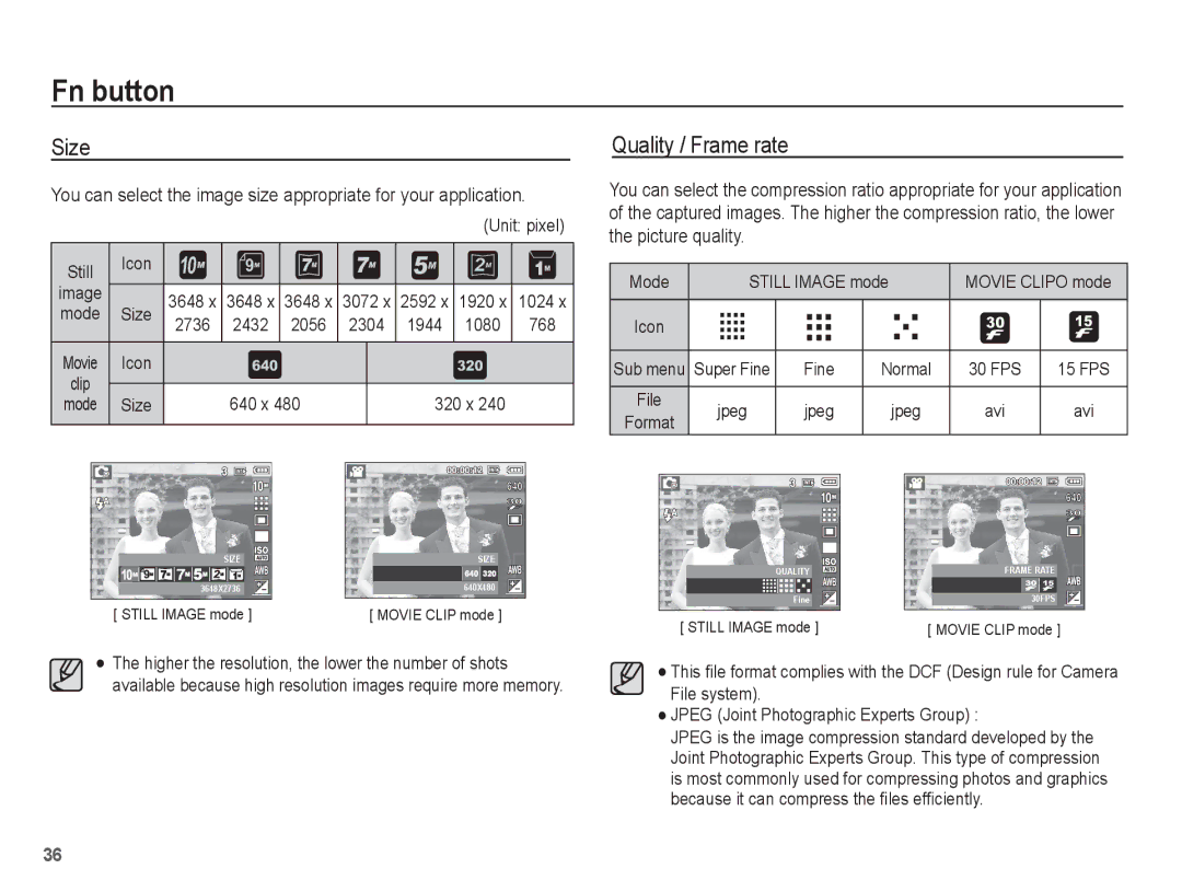 Samsung EC-S1070WBA/FR, EC-S1070BBA/FR, EC-S1070SBA/FR, EC-S1070PBA/FR, EC-S1070BBA/IT manual Size, Quality / Frame rate 