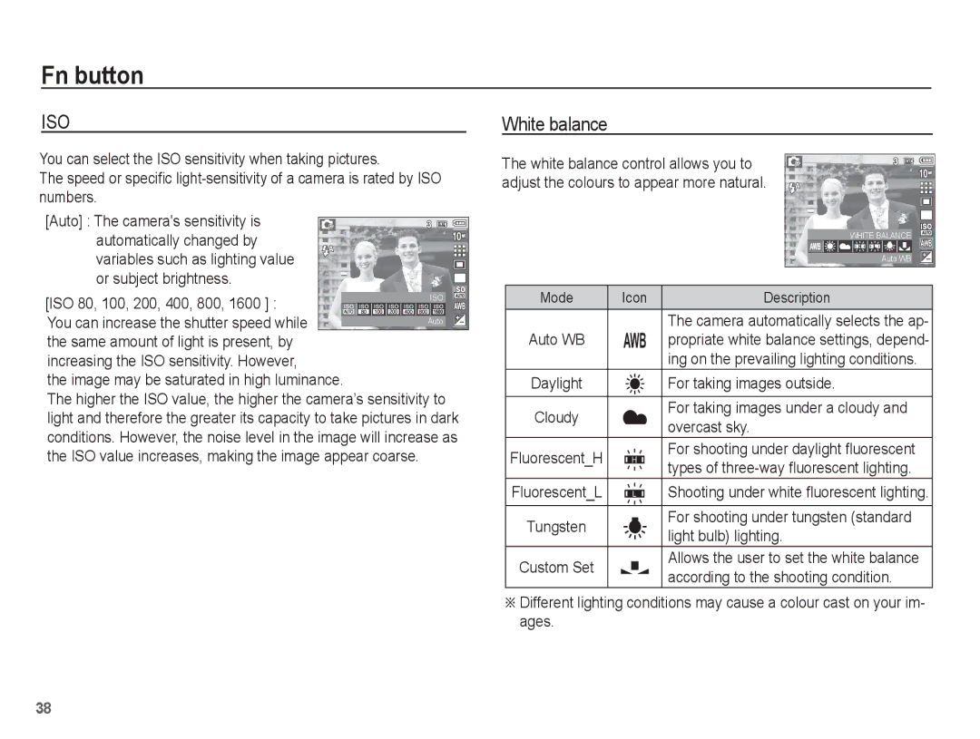 Samsung EC-S1070BBA/IT, EC-S1070BBA/FR manual White balance, For taking images outside, Overcast sky, Light bulb lighting 