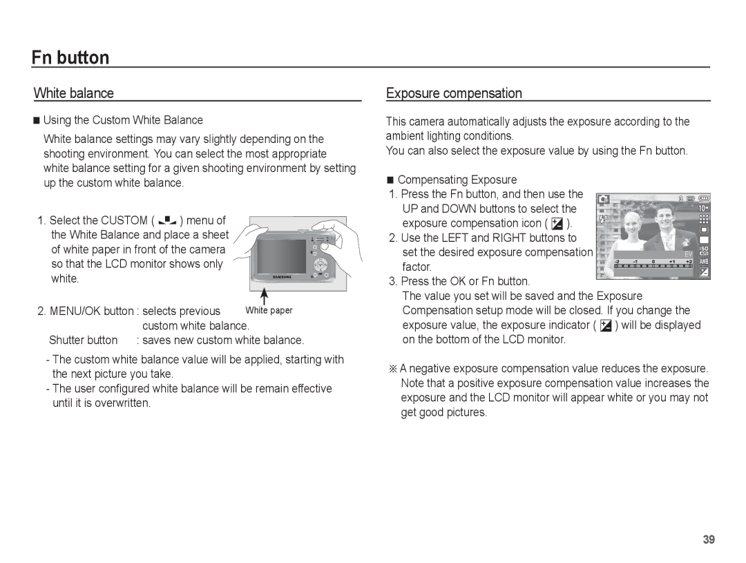 Samsung EC-S1070SBA/IT, EC-S1070BBA/FR Exposure compensation, White, Custom white balance, MENU/OK button selects previous 