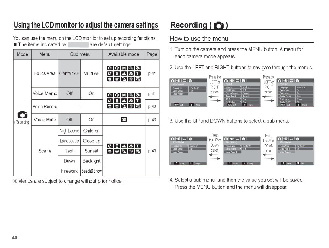 Samsung EC-S1070PBA/IT, EC-S1070BBA/FR manual Recording, How to use the menu, Items indicated by are default settings 