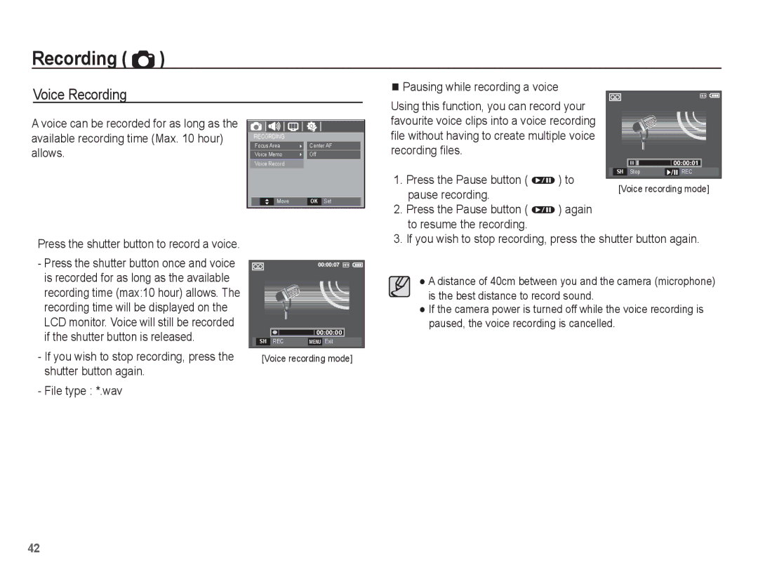 Samsung EC-S1070BBA/E2 Pausing while recording a voice, Using this function, you can record your, Allows, Recording ﬁles 