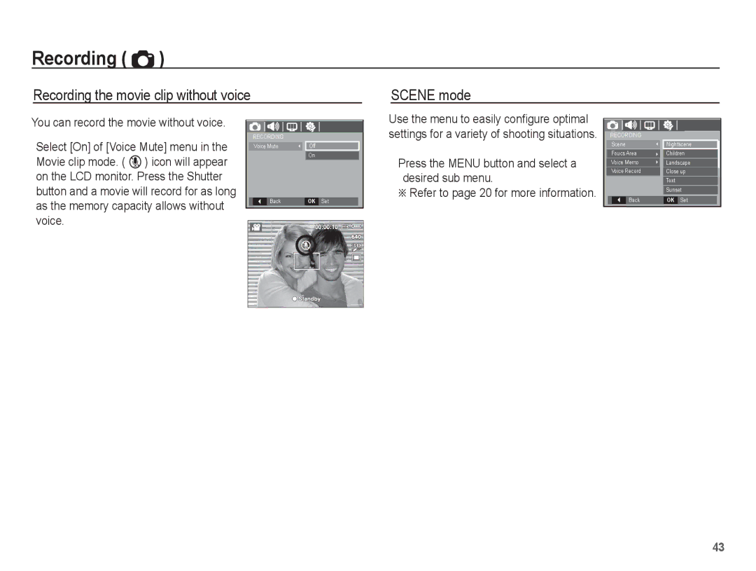 Samsung EC-S1070PBE/ZA, EC-S1070BBA/FR, EC-S1070SBA/FR, EC-S1070WBA/FR Recording the movie clip without voice Scene mode 