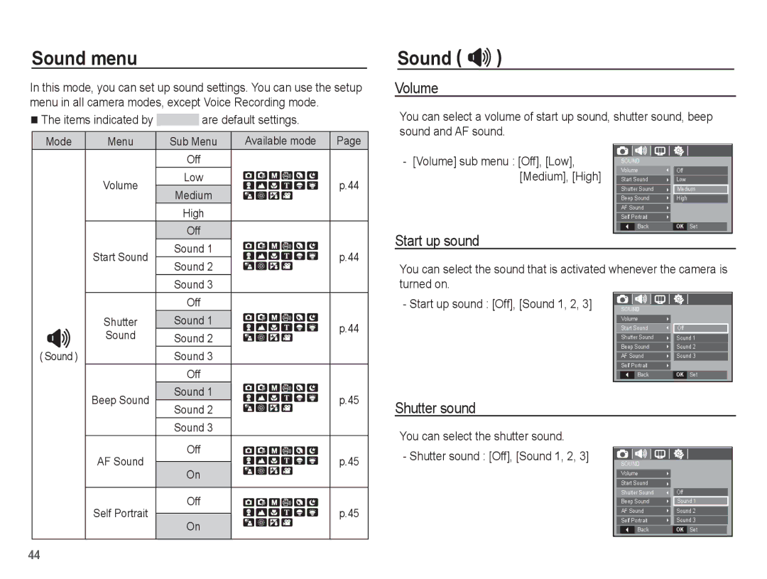 Samsung EC-S1070WBE/ZA, EC-S1070BBA/FR, EC-S1070SBA/FR manual Sound menu, Sound , Volume, Start up sound, Shutter sound 