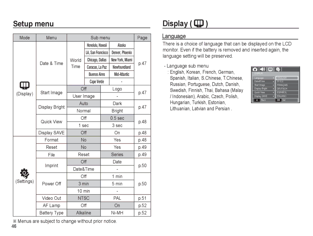 Samsung EC-S1070SBE/ZA, EC-S1070BBA/FR, EC-S1070SBA/FR, EC-S1070WBA/FR, EC-S1070PBA/FR manual Display, Language, World 