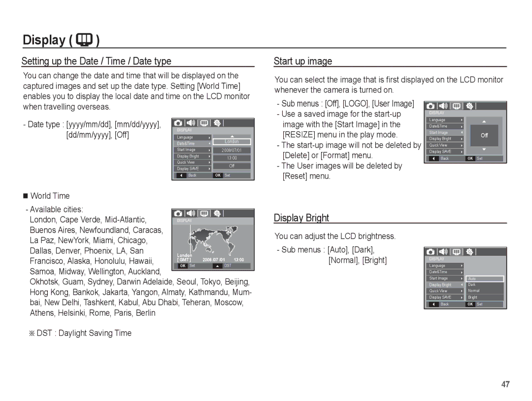 Samsung EC-S1070PDA/AS, EC-S1070BBA/FR manual Setting up the Date / Time / Date type, Start up image, Display Bright 