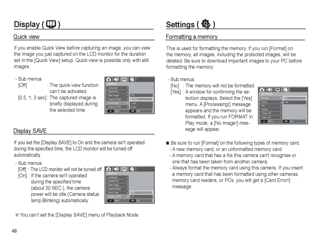 Samsung EC-S1070SDA/AS, EC-S1070BBA/FR, EC-S1070SBA/FR manual Settings, Quick view, Formatting a memory, Display Save 