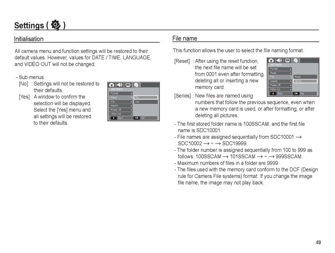 Samsung EC-S1070SBB/AS, EC-S1070BBA/FR manual Initialisation, File name, Memory card, Series New ﬁles are named using 