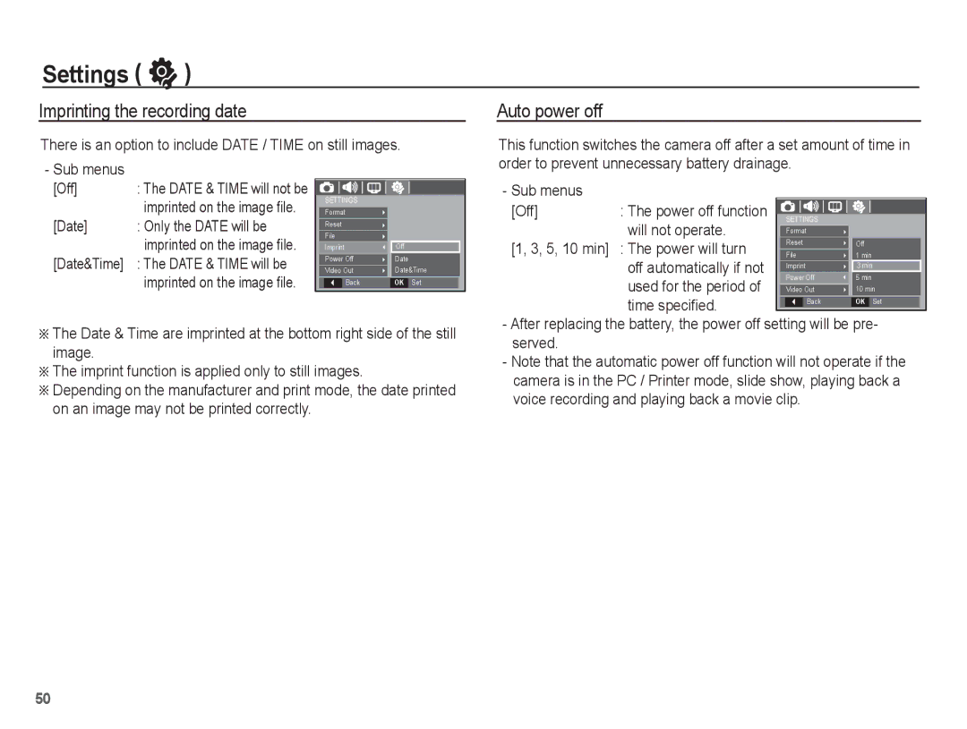 Samsung EC-S1070BDA/AS, EC-S1070BBA/FR, EC-S1070SBA/FR, EC-S1070WBA/FR manual Imprinting the recording date, Auto power off 