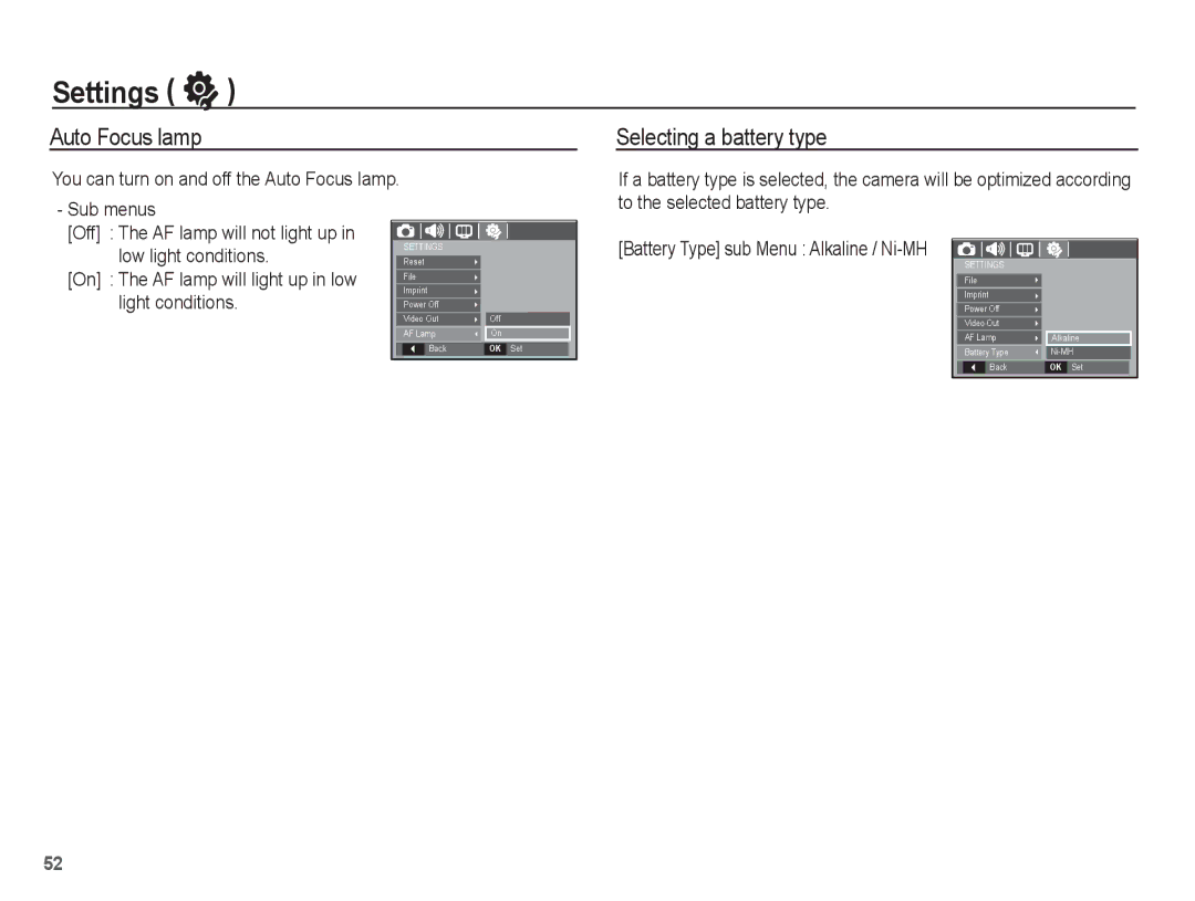 Samsung EC-S1070WDA/AS manual Selecting a battery type, You can turn on and off the Auto Focus lamp. Sub menus 