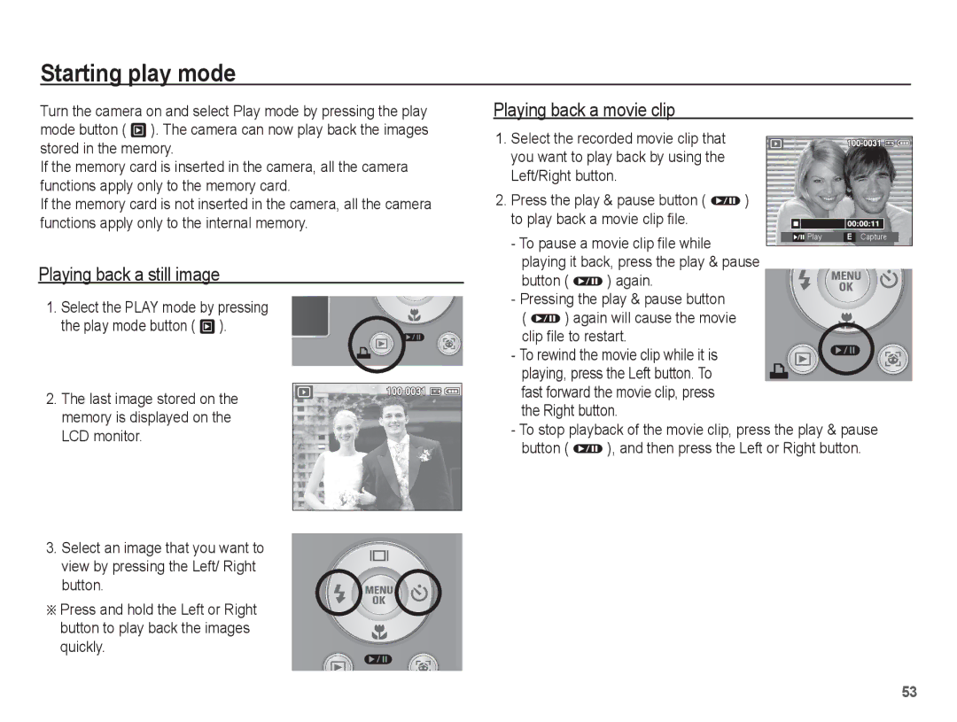 Samsung EC-S1070WBA/VN Starting play mode, Playing back a still image, Playing back a movie clip, Clip file to restart 