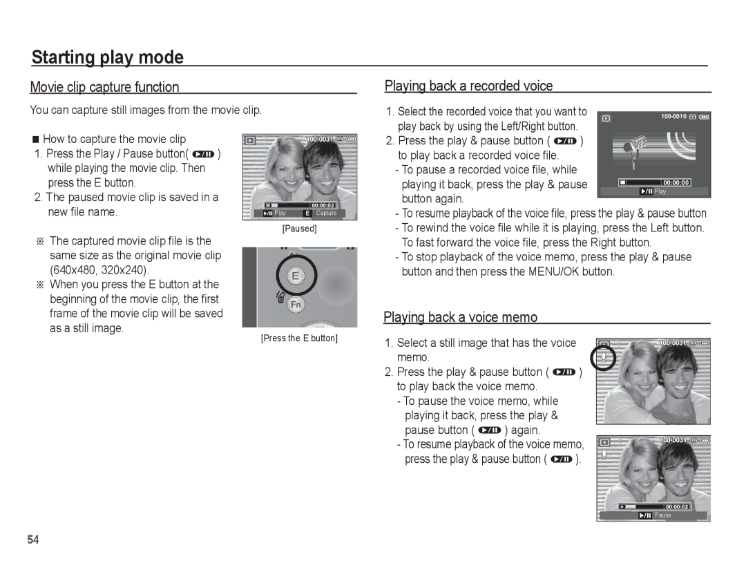 Samsung EC-S1070SBA/VN manual Movie clip capture function, Playing back a recorded voice, Playing back a voice memo 