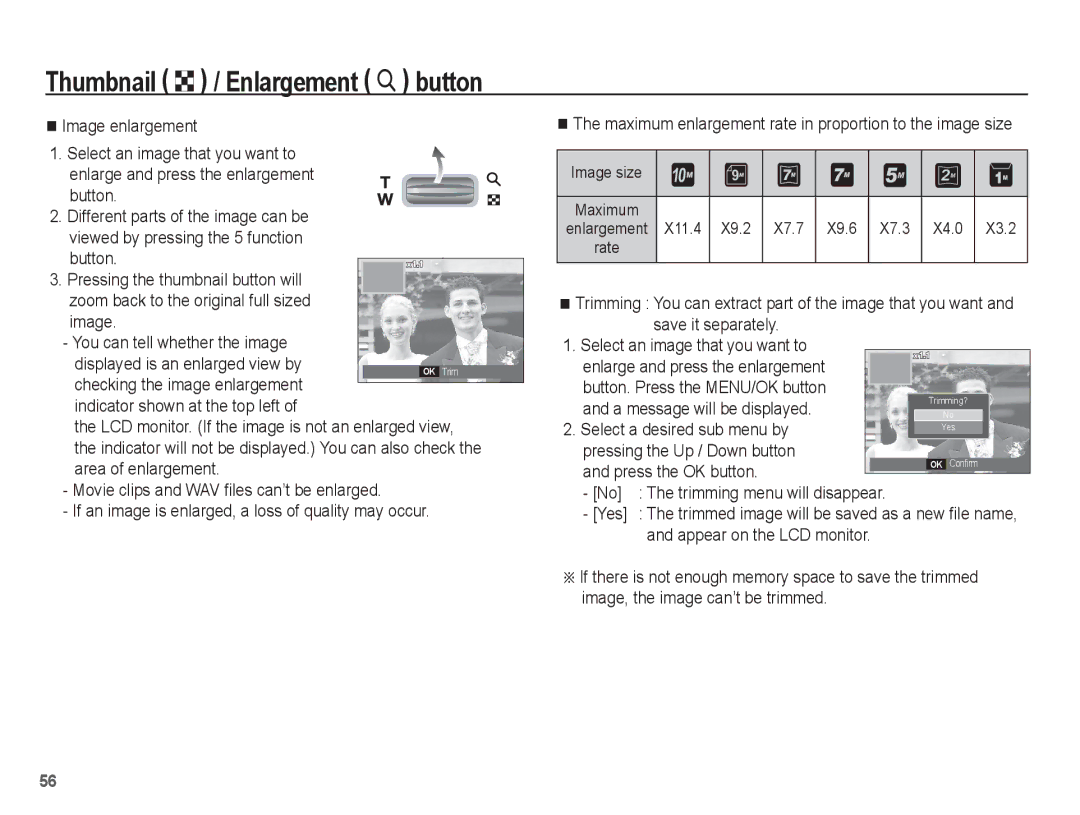 Samsung EC-S1070PBA/VN, EC-S1070BBA/FR Thumbnail º / Enlargement í, Image enlargement, Button, A message will be displayed 