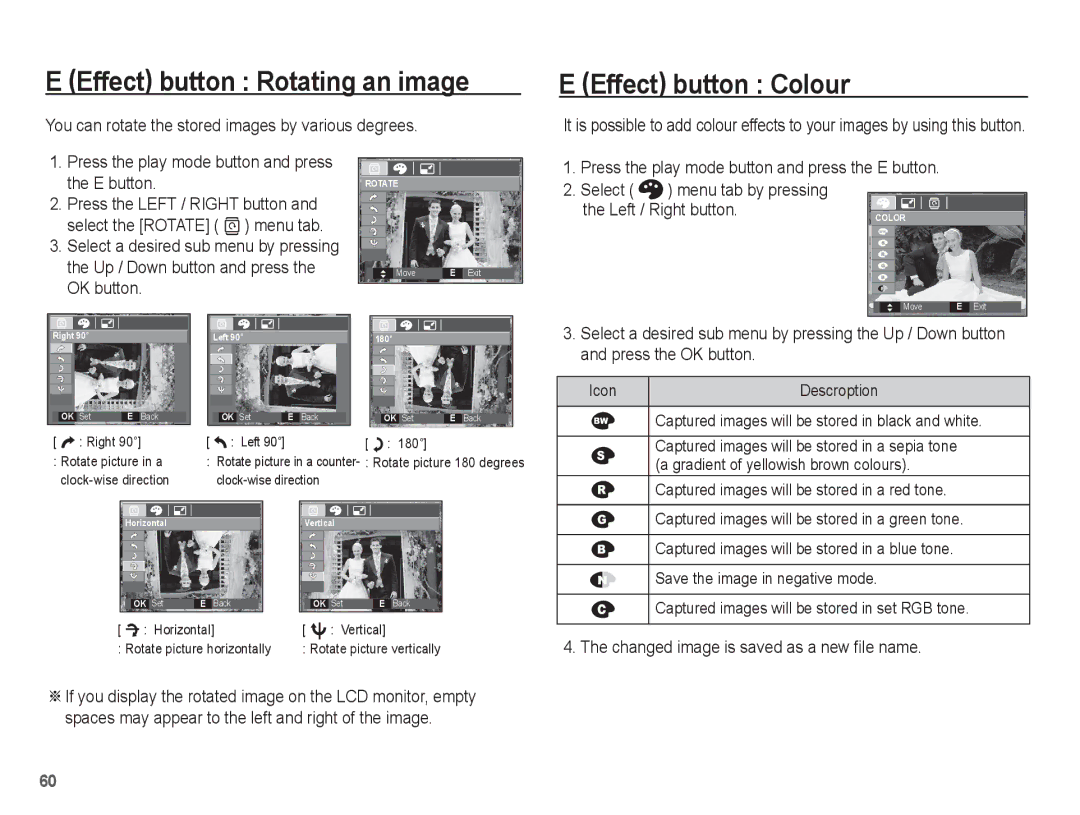 Samsung EC-S1070WBA/E2 Effect button Rotating an image, Effect button Colour, Changed image is saved as a new file name 