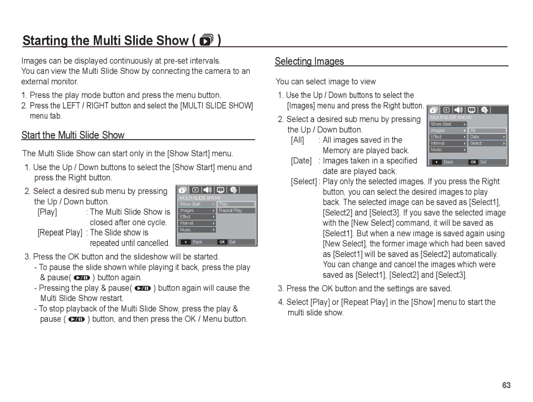 Samsung EC-S1070PBA/RU, EC-S1070BBA/FR manual Starting the Multi Slide Show , Start the Multi Slide Show, Selecting Images 