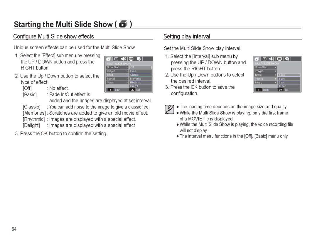 Samsung EC-S1070WBA/RU, EC-S1070BBA/FR, EC-S1070SBA/FR manual Configure Multi Slide show effects Setting play interval 