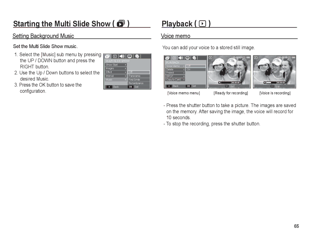 Samsung EC-S1070SBA/RU, EC-S1070BBA/FR Playback à, Setting Background Music, Voice memo, Set the Multi Slide Show music 