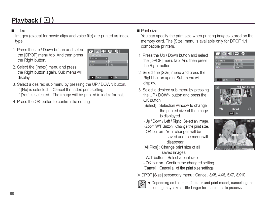 Samsung EC-S1070PDA/E3, EC-S1070BBA/FR manual UP / Down button and press OK button, Printed size of the image, Is displayed 