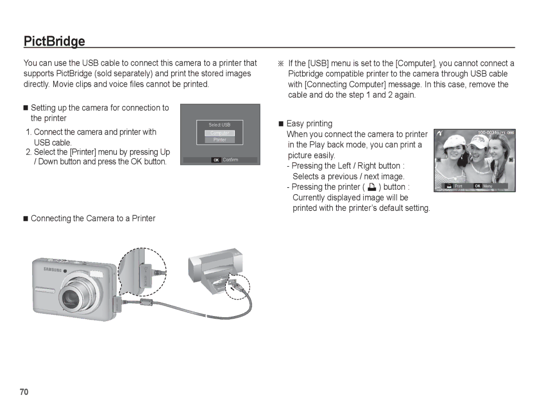 Samsung EC-S1070SBA/FR, EC-S1070BBA/FR manual PictBridge, Pressing the printer » button, Connecting the Camera to a Printer 