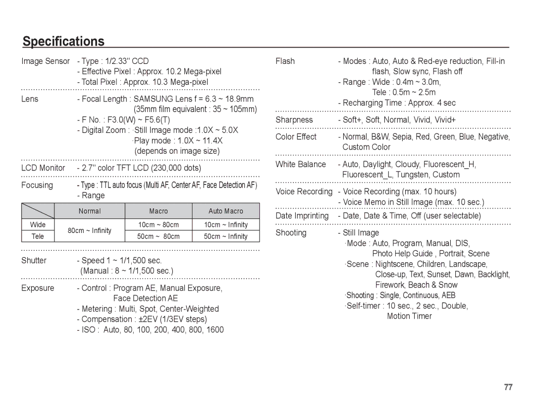 Samsung EC-S1070BBA/E2, EC-S1070BBA/FR, EC-S1070SBA/FR, EC-S1070WBA/FR, EC-S1070PBA/FR, EC-S1070BBA/IT manual Specifications 