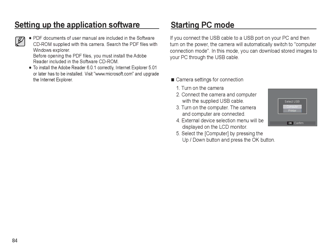 Samsung EC-S1070SBB/AS, EC-S1070BBA/FR Setting up the application software Starting PC mode, With the supplied USB cable 