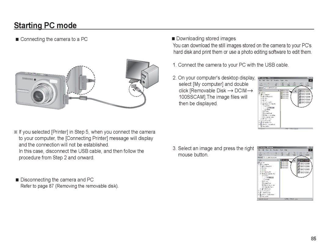 Samsung EC-S1070BDA/AS, EC-S1070BBA/FR, EC-S1070SBA/FR manual Connecting the camera to a PC, Downloading stored images 