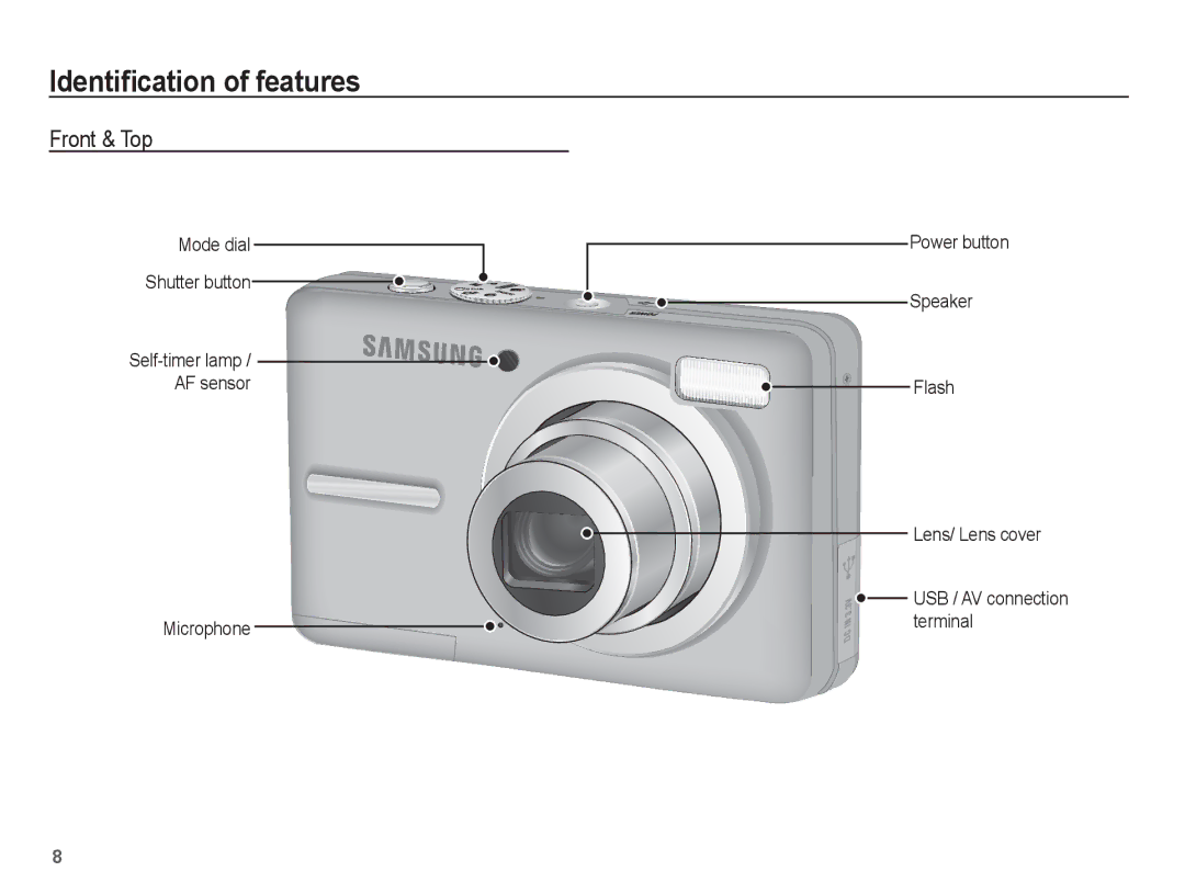 Samsung EC-S1070PBE/ZA, EC-S1070BBA/FR, EC-S1070SBA/FR Identiﬁcation of features, Front & Top, USB / AV connection terminal 