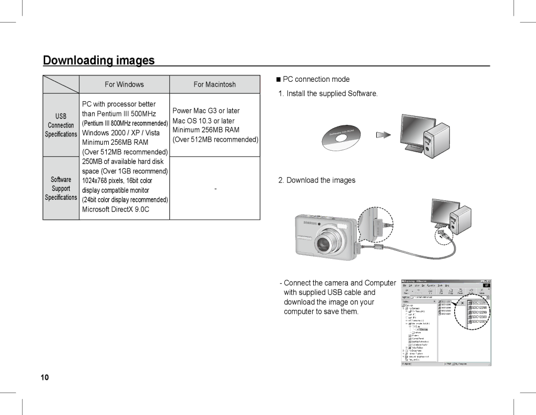 Samsung EC-S1070BBE/ZA manual Downloading images, Than Pentium III 500MHz, Mac OS 10.3 or later, Microsoft DirectX 9.0C 