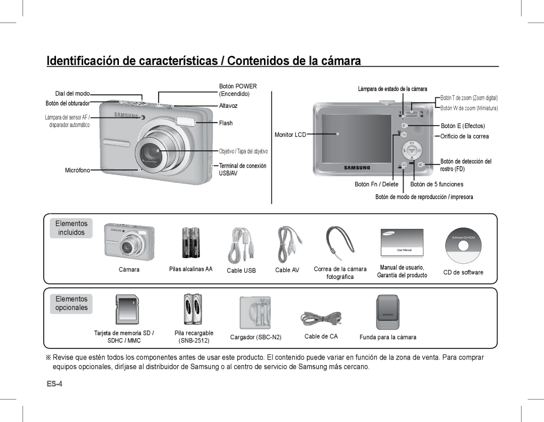 Samsung EC-S1070BBA/VN, EC-S1070BBA/FR Identificación de características / Contenidos de la cámara, Elementos Incluidos 