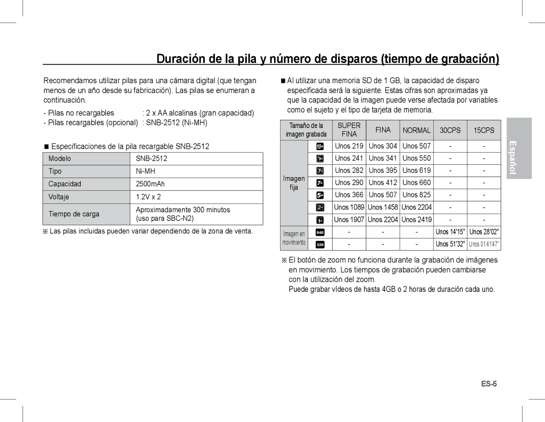 Samsung EC-S1070PBA/VN SNB-2512 Ni-MH, Especificaciones de la pila recargable SNB-2512, Pilas recargables opcional, Unos 