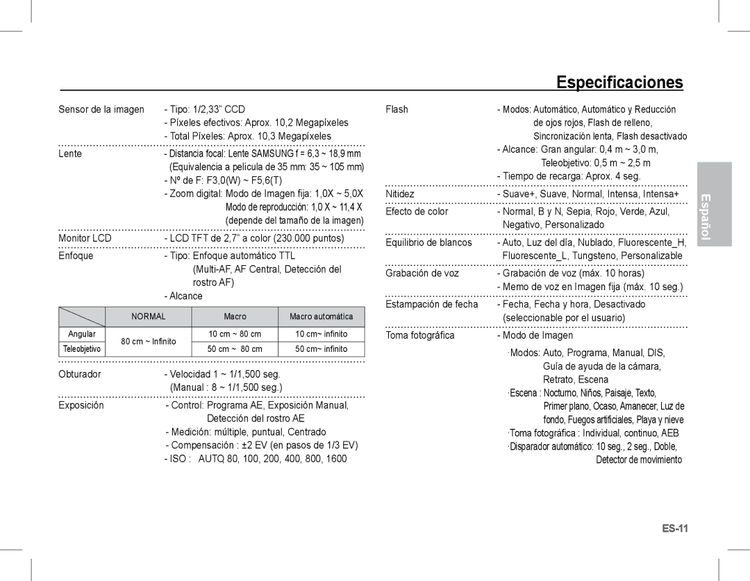 Samsung EC-S1070PBA/E2, EC-S1070BBA/FR, EC-S1070SBA/FR, EC-S1070WBA/FR, EC-S1070PBA/FR, EC-S1070BBA/IT manual Especificaciones 