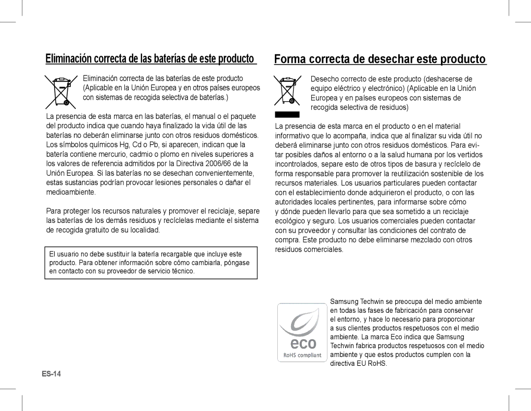 Samsung EC-S1070SBA/RU, EC-S1070BBA/FR, EC-S1070SBA/FR, EC-S1070WBA/FR manual Forma correcta de desechar este producto 