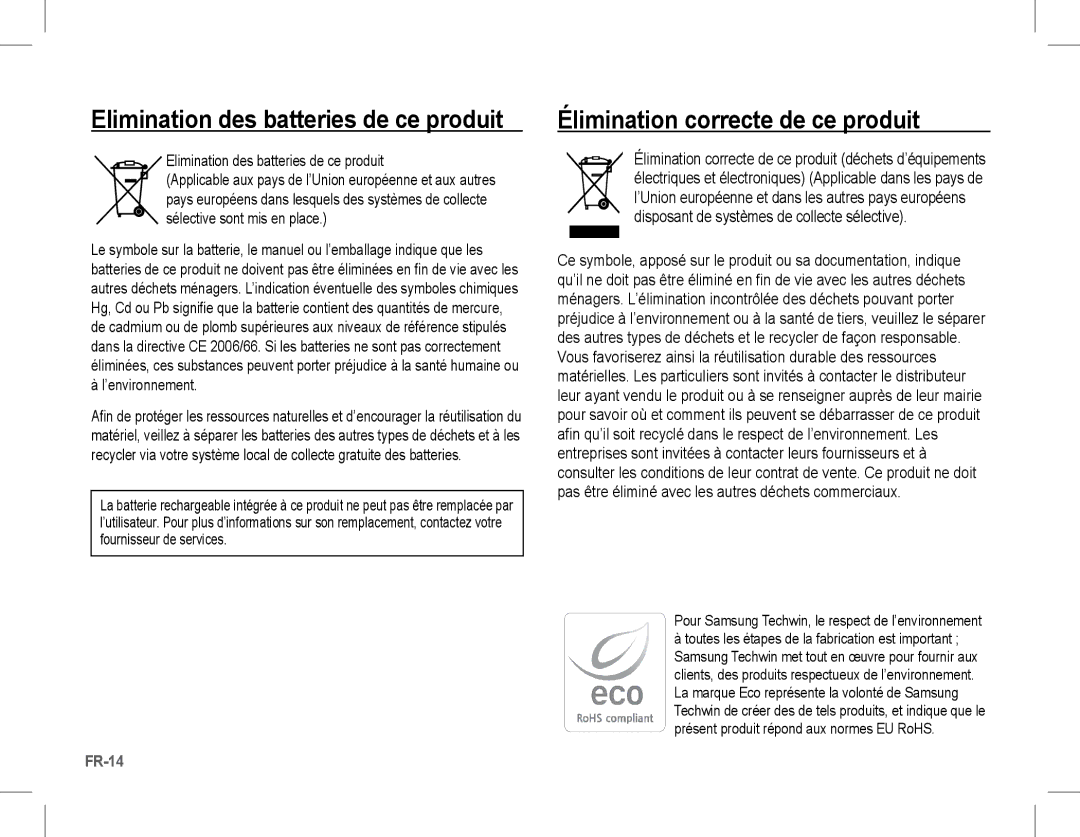 Samsung EC-S1070SBE/ZA, EC-S1070BBA/FR manual Élimination correcte de ce produit, Elimination des batteries de ce produit 