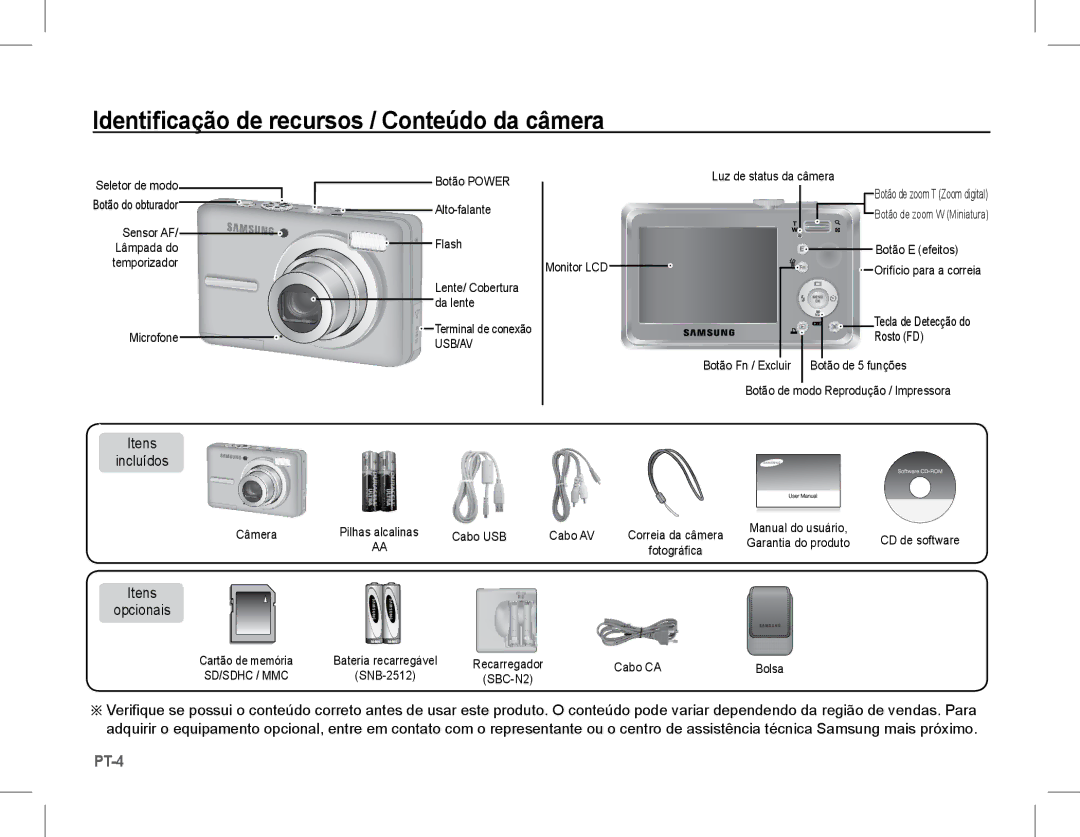 Samsung EC-S1070SBA/RU, EC-S1070BBA/FR Identificação de recursos / Conteúdo da câmera, Itens Incluídos, Itens Opcionais 