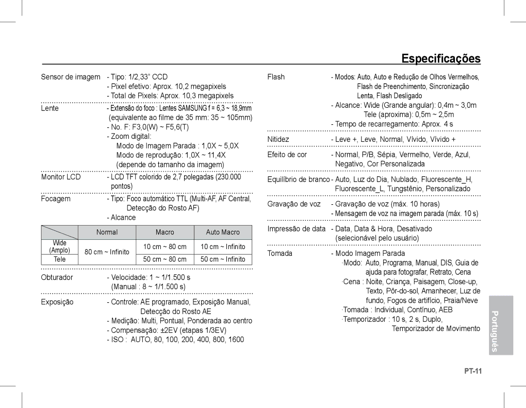 Samsung EC-S1070PBA/FR, EC-S1070BBA/FR, EC-S1070SBA/FR, EC-S1070WBA/FR, EC-S1070BBA/IT, EC-S1070SBA/IT manual Especificações 