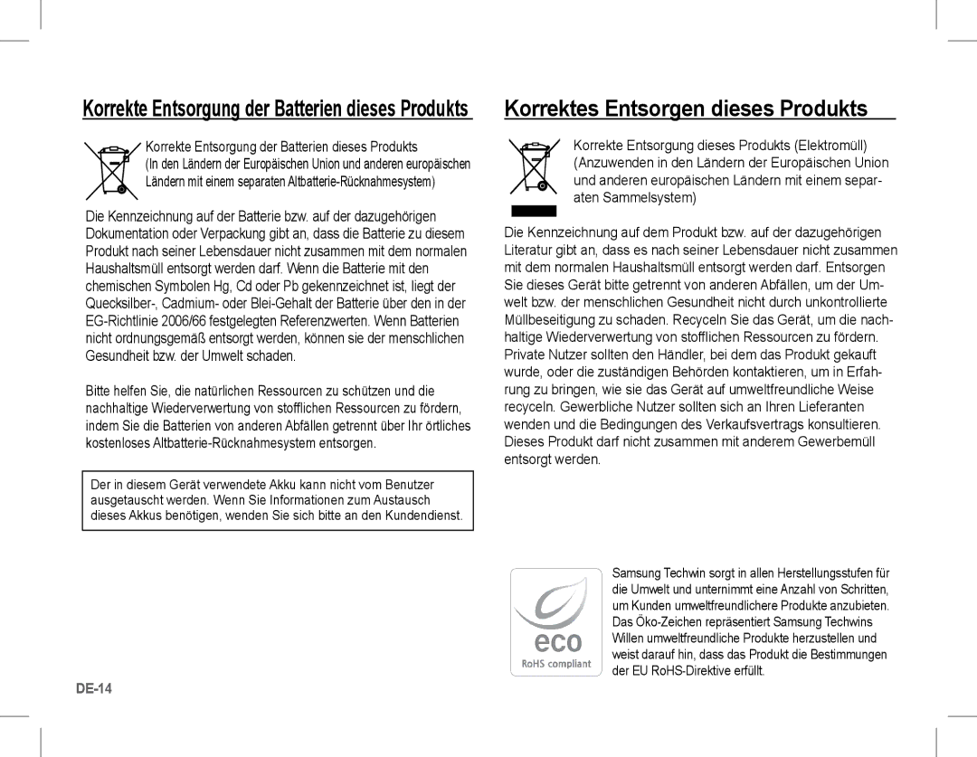 Samsung EC-S1070SBA/RU manual Korrektes Entsorgen dieses Produkts, Korrekte Entsorgung der Batterien dieses Produkts 