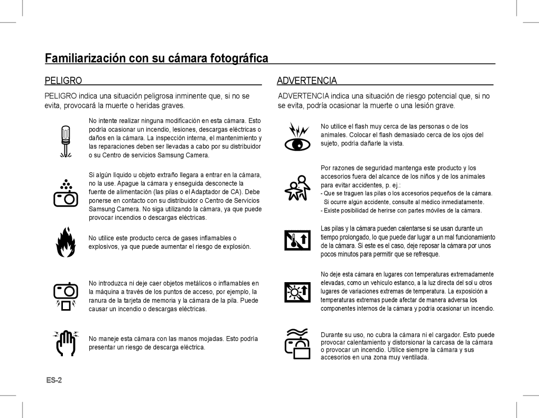 Samsung EC-S1070BDA/AS, EC-S1070BBA/FR, EC-S1070SBA/FR manual Familiarización con su cámara fotográfica, Peligro, Advertencia 