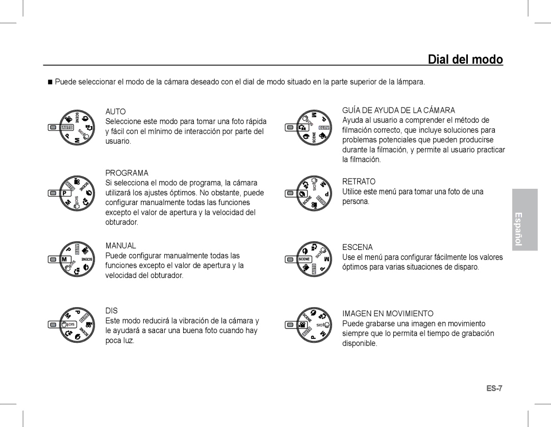 Samsung EC-S1070BBA/VN, EC-S1070BBA/FR, EC-S1070SBA/FR manual Dial del modo, Programa, Retrato, Escena, Imagen EN Movimiento 